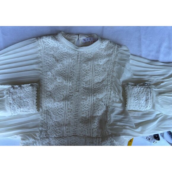 White Chiffon Crochet Mini Dress Sz M Exaggerated Balloon Sleeve Pleated Whimsy - Picture 11 of 13